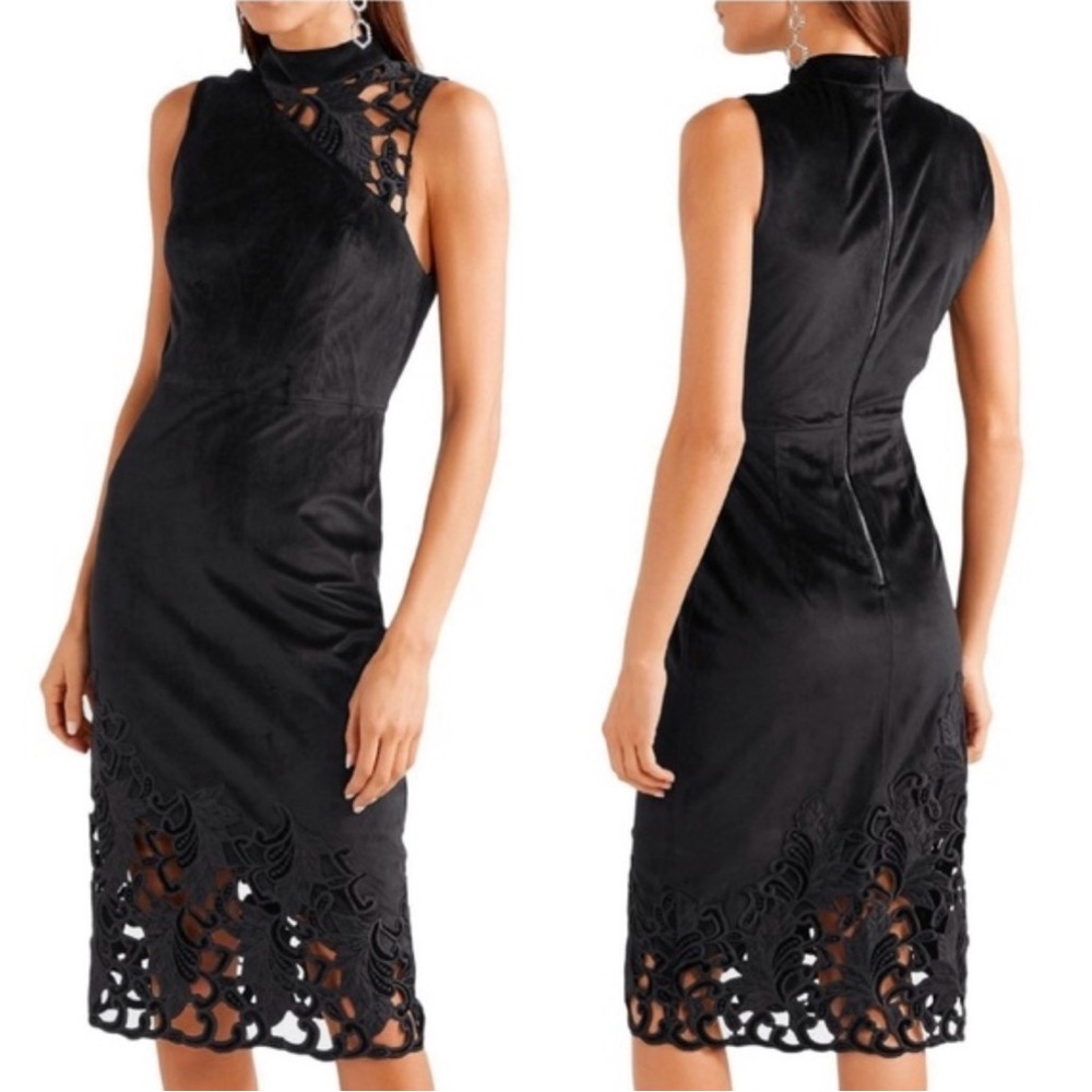 Alice + Olivia Black Velvet Sleeveless Dress Embroidered Lace Detail Mock Neck